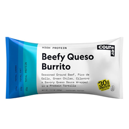 counter high protein beefy queso burrito seasoned ground beef, pico de gallo, green chiles, cilantro + savory queso sauce wrapped in a protein tortilla 30g protein per serving net wt. 7.2 oz (204g) cook thoroughly  keep frozen 34g total carbs 109 total fa