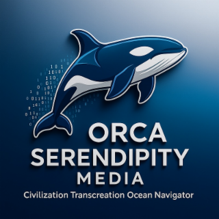 the mark consists of a stylized orca whale in shades of blue with binary code dots on the left of the whale, positioned above the wording "orca serendipity media" in stylized white capital letters, which appears above the wording "civilization transcreati