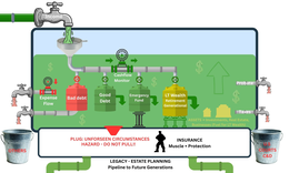 income cashflow monitor bad debt good debt emergency fund lt wealth retirement generational assets investments, real estate, businesses (fuel for lt wealth) expense flow probate taxes others us courts c&d plug: unforseen circumstances hazard – do not pull
