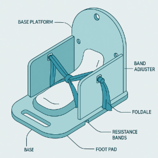 base platform base foot pad resistance bands band adjuster foldable called 4-way flex. designed for patient to work on ankle rehab wothout physical therapist holding the resistance. patient can use this at home and or at a clinic setting.