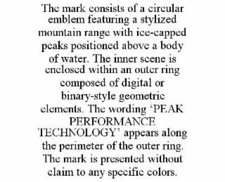 the mark consists of a circular emblem featuring a stylized mountain range with ice-capped peaks positioned above a body of water. the inner scene is enclosed within an outer ring composed of digital or binary-style geometric elements. the wording ‘peak p