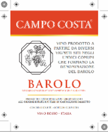 campo costa barolo denominazione di origine controllata e garantita prodotto e imbottigliato direttamente all' origine estate bottled in castiglione falletto contiene solfiti - contains sulphites vino rosso - italia vino prodotto a partire da diversi vign
