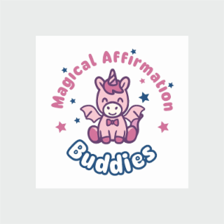 magical affirmation buddies wording in a circle design with small dark pink and navy blue stars and a pegasus-winged unicorn character inside the circle wording