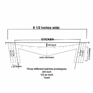 cut here cut here cut here cut here 1 3/4 inches 8 1/2 inches wide three different hairline prototypes: sticker 1/2 inch nose centering 3/4 inch 1/2 an inch 1inch 2 1/2 inches