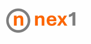 the mark consists of a lowercase letter “n” in orange (pms 1585c) centered inside a gray circular outline (pms cool gray 10up).to the right of the circle is the word “nex1”, where “nex” appears in orange (pms 1585c) and the numeral “1” appears in gray (pm