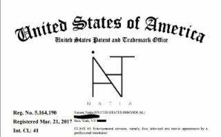 the mark consists of the capital letter n being used to spell out the name natia within the capital letter n. there is a capital a in the 1st leg and stem of the n. the 2nd leg is used to make a capital t by using the 2nd leg and adding an arm to the top 
