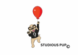 the mark consists of a tan cartoon puppy wearing black glasses with white tape and a black sweatshirt with a white number 9 on it, holding a red balloon. the puppy has a pink tongue and black nose. the wording “studious pup” appears below in black. the co