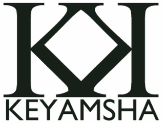 two capital letters "k" in times new roman font above the word keyamsha in futura font.the left "k" is normal facing right. the right "k" is flipped horizontally facing left. the two letters "k" touch each other forming a diamond shape in the middle.