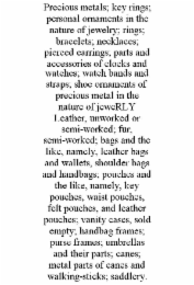 precious metals; key rings; personal ornaments in the nature of jewelry; rings; bracelets; necklaces; pierced earrings; parts and accessories of clocks and watches; watch bands and straps; shoe ornaments of precious metal in the nature of jewerly  leather