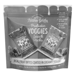 snack with purpose nature's garden probiotic yoggies snack packs real fruit bites coated in creamy yogurt gluten free nfc certified 2 billion probiotics cultures good source of fiber no artificial flavors or colors 30 bags, net wt: 0.7 oz (20g) each, tota