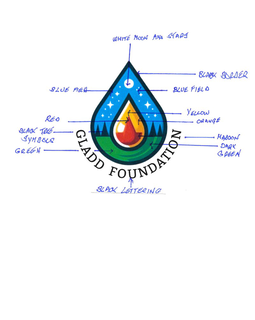 gladd foundation white moon and stars black tete red symbels green blue field black lettering blue field black border yellow orange maroon dark green