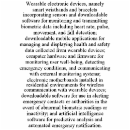 wearable electronic devices, namely smart wristbands and bracelets incorporating sensors and downloadable software for monitoring and transmitting biometric data including heart rate, pulse, movement, and fall detection; downloadable mobile applications f