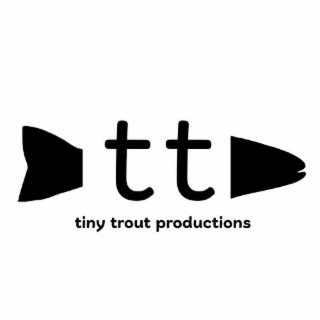 two lowercase "t" letters appear in the drawing, and the wording "tiny trout productions" appears below it.