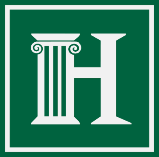 the mark consists of a stylized "h" with a column design on the left vertical side of the "h". the lettering in the mark is depicted in white on a green background. the background is encased in a white square which is outlined in green.