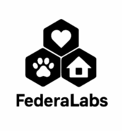 federalabs (abbreviation of website url and dba federal labs, abbreviations of the company name federal laboratories). symbols represent the words people, pets, and places as well as hexagon symbols to represent the words for chemistry and science.