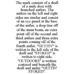 the mark consists of a skull of a mule deer with branched antlers. the antlers on the left and right sides are similar and consist of an eye guard at the base of the antler, a drop tine off of the main beam, an extra point off of the second and third antl