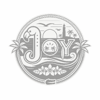 the mark consists of the stylized word ‘joy’ where the letter j is depicted as a flamingo, the letter o as a sun, and the letter y as a surfboard, all arranged in a cohesive coastal-themed design.