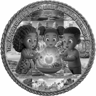 the title "the adventures of brunch, linner, and snax in the land of grub" curves along the top arc and the tagline "where food becomes adventure and nutrition becomes fun!" is positioned above the bottom arc.