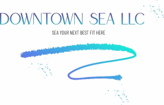 downtown sea llc is the business name which has gradient blue and gradient green colors mixed together. sea your next best fit here is the slogan which include the color black. the mark also include a gradient blue and gradient green curvy road surrounded