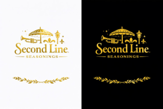 the mark consists of the stylized wording “second line seasonings” with design elements including a trumpet, parasol, gas street lamp, fleur-de-lis, stars, and decorative herb sprigs. the mark appears in gold and black and in black and white.