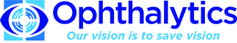 our logo emblem, brand name "ophthalytics," and our tagline 'our vision is to save vision'