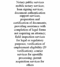 notary public services mobile notary services; loan signing services; document authentication support services; preparation and certification of documents; providing assistance with completion of legal forms not requiring an attorney; field inspection ser