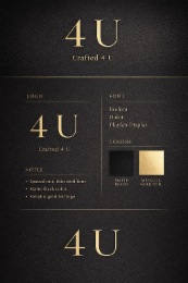 logo 4u crafted 4 u notes spaced out, thin serif font matte black color metaliic gold foil logo 4u crafted 4 u 4u font bodoni didot playfair display colors matte black metallic gold foil