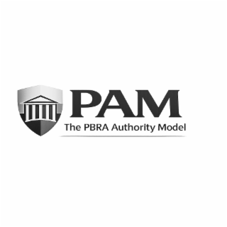 the mark consists of a shield, containing the stylized text 'pam' next the words 'the pbra authority model'. the mark is in black and white.