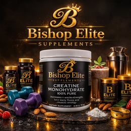 the mark consists of stylized capital letter "b" in gold with a crown on top, centered above the words "bishop elite " in gold capital letters. below this, the word "supplements " appears in smaller gold capital letters, separated by thin horizontals gold