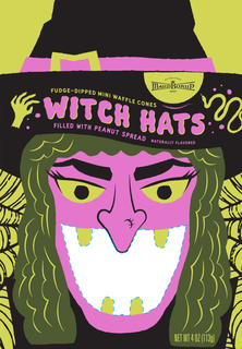 established maud borup 1907 net wt 4 oz (113g) fudge-dipped mini waffle cones witch hats filled with peanut spread naturally flavored