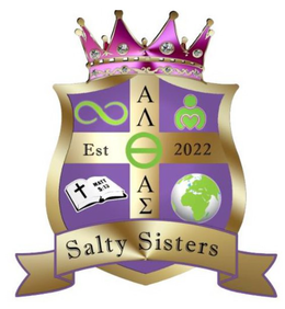 est; 2022; salty sisters; salt (in greek letters with salt symbol in the middle; alpha, lambda, alpha sigma); matt. 5:13 (on bible)