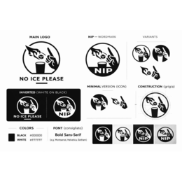 main logo no ice please inverted (white on black) no ice please colors #000000 black white #ffffff nip font (suggested) bold sans-serif (e.g. montserrat, helvetica, gotham) nip- wordmark nip minimal version (icon) variants construction (gray) nip nip