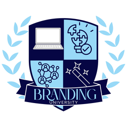 branding universitythe mark consists of a shield design divided into four quadrants surrounded by a light blue laurel wreath.the shield is primarily navy blue and light blue.the upper left quadrant features a gray laptop with white keyboard and screen det
