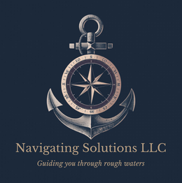 the mark consists of a nautical anchor and compass design in metallic silver and beige, centered on a navy blue background, with the wording ‘navigating solutions llc’ and 'guiding you through rough waters' in gold serif lettering below the design.