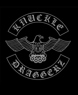 the mark consists of top rocker with word "knuckle" (old english modified font) in color silver, right facing eagle with letters "kd" (old english modified font)on chest, clutching a knuckle duster with four stars in color silver, bottom rocker with word 
