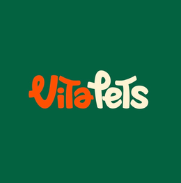 the mark consists of the stylized wording “vitapets”. the portion “vita” appears in a rounded, playful font in orange color, while the portion “pets” appears in a similar rounded, playful font in cream color. the wording is set against a dark green backgr