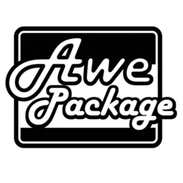 a stylized logo for "awe package" contained within a rounded rectangular border. both words feature a thick outline, which creates a "sticker" or 3d effect, making the text pop against the background