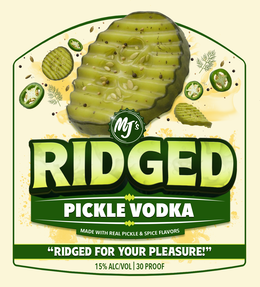 ridged pickle vodka "ridged for your pleasure!" made with real pickle & spice flavors mj's 15% alc/vol 30 proof
