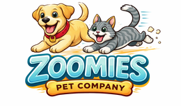 the mark consists of the word “zoomies” in a stylized font featuring a gradient of light blue to teal with dark teal shading. above the wording appears a stylized depiction of a yellow labrador retriever with light cream highlights, black facial features,