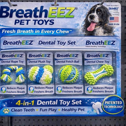 breatheez, pet toys, fresh breath in every chew, breatheez dental toy set, dental rope toy, dental plush toy, dental fetch ball, dental chew toy, reduces plaque freshens breath, 4-in-1 dental toy set, clean teeth fun play healthy pet, patented technology,