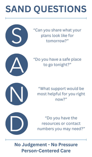 sand questions s - can you share what your plans look like for tomorrow?a - do you have a safe place to go tonight?n - what support would be most helpful for you right now?d - do you have the resources or contact numbers you may need?no judgementno pressu