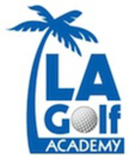 the mark consists of the wording "la" in blue capital letters above the wording "golf" in blue where the "o" in golf is a white and grey golf ball, above the working "academy" in white, outlined in a blue rectangle attached to the blue palm tree.