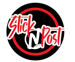 the mark consists of a circular design with a shaded background containing the stylized wording “stick n post” in bold lettering with contrasting outlines.