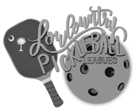 the literal logo displays lowcountry pickleball leagues embossed over a pickleball paddle with a sickle moon and a palmetto palm tree on the paddle, left side.  on the right side under lowcountry pickleball leagues is a pickleball.