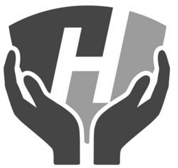 a pair of hands holding a shield with the letter h on the shield