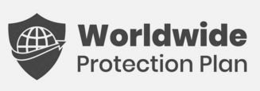 shield with half globe and up pointing arrow and  worldwide protection plan on right