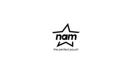 the mark consists of the stylized wording “nam” with a star design incorporated within the letter “a”, with angular star-like lines above and below the wording, and the phrase “the perfect pouch” beneath.