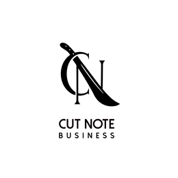the mark consists of a stylized letter 'c' and a machete forming the letter 'n' with the wording cut note business displayed below the design