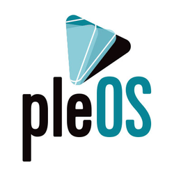 word pleos with lowercase letters ple, combined with uppercase os to form the name, with 3 solid curved edge triangles that show movement with overlay of white outline curved edge triangles