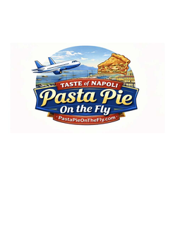 the mark is oval shaped logo with a prominent multi-layered scroll banner below. the logo depicts an airplane and slice of pasta pie items over a scene evocative of the bay of naples landscape.visual elements:circular frame: a light-blue sky with white cl